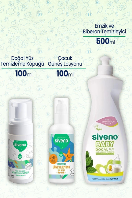 %100 Doğal Yüz Temizleme Köpüğü 100 ml Güneş Losyonu 100 ml & Biberon Temizleyici 500 ml