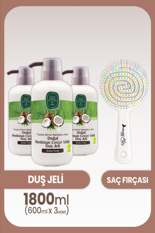 Hindistan Cevizli Duş Jeli 600 ml x 3 Adet ve Saç Fırçası
