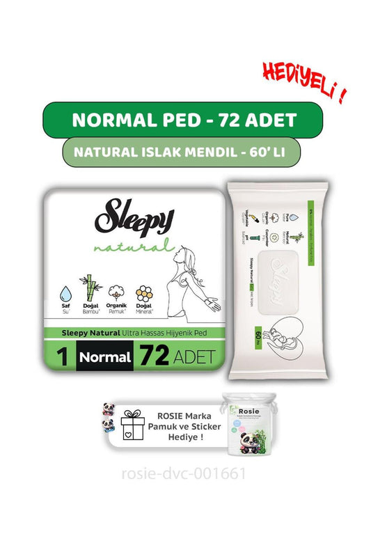 Natural Ultra Hassas Hijyenik Ped Normal 72 Adet, Natural 60'lı Islak Mendil ve ROSIE
