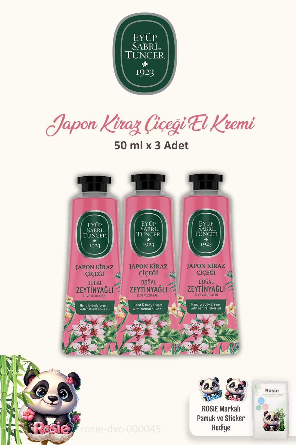 3'lü Eyüp Sabri Tuncer El ve Vücut Kremi Japon Kiraz Çiçeği 50 ml ve ROSIE Pamuk