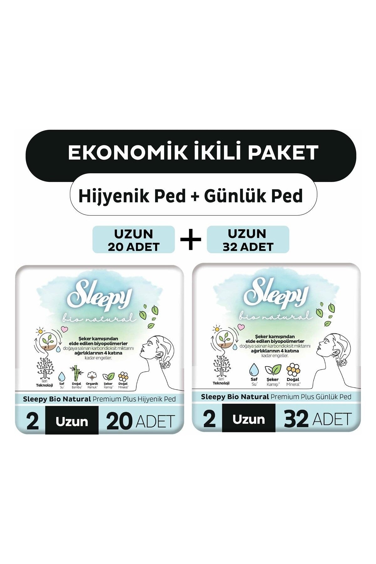 Bio Natural Premium Plus Hijyenik Ped Uzun 20'li + Günlük Ped Uzun 32'li