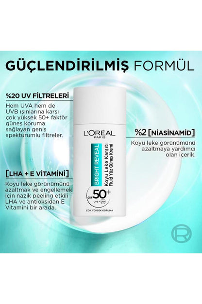 Loreal Paris Bright Reveal SPF 50+ Koyu Leke Karşıtı Yüz Güneş Kremi & Yenileyici Peeling Serum Seti