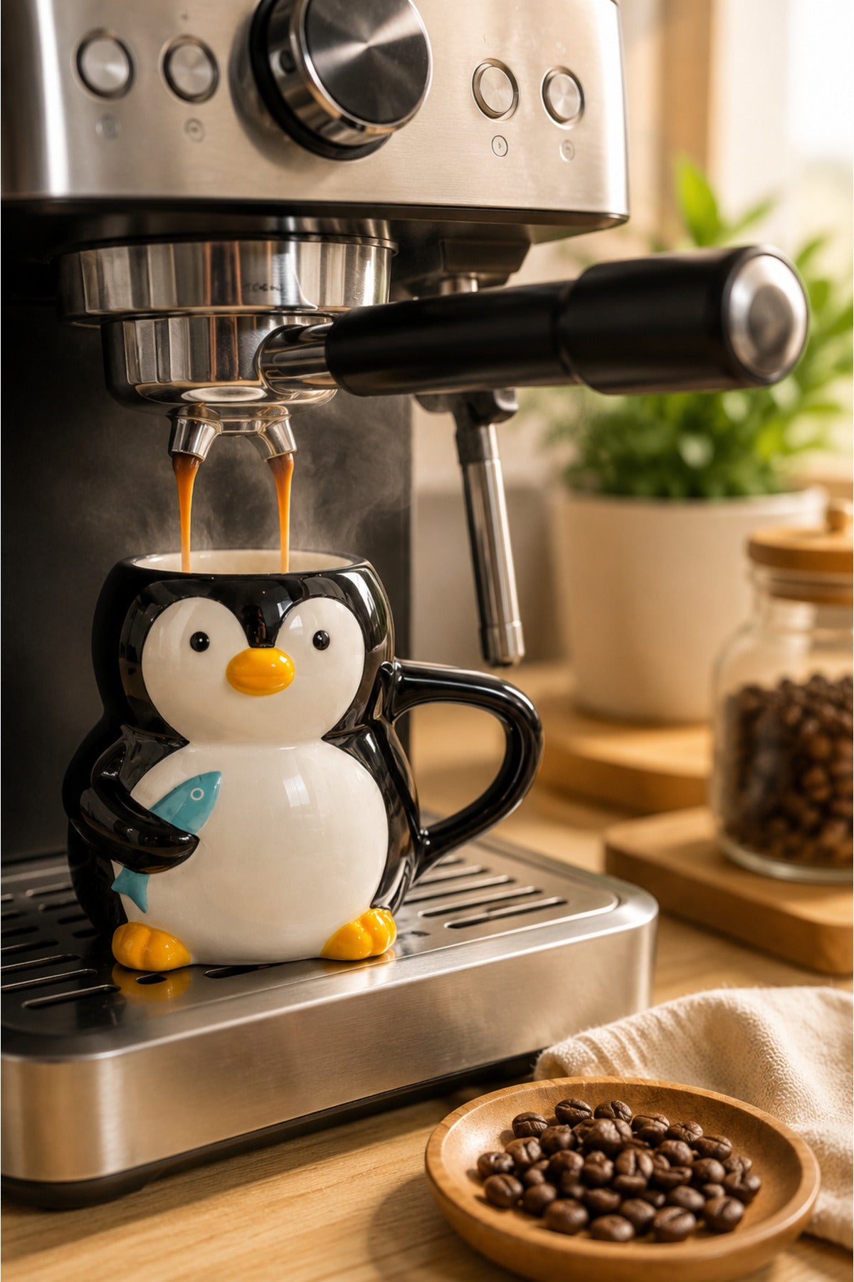Penguen Figürlü El Yapımı Seramik Kupa, Mug, 420 ml