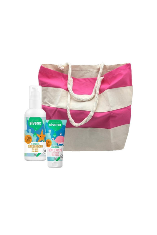 %100 Doğal Bebek Güneş Kremi 50 ml ve Çocuk Güneş Losyonu 100 ml ve Fa Plaj Çanta