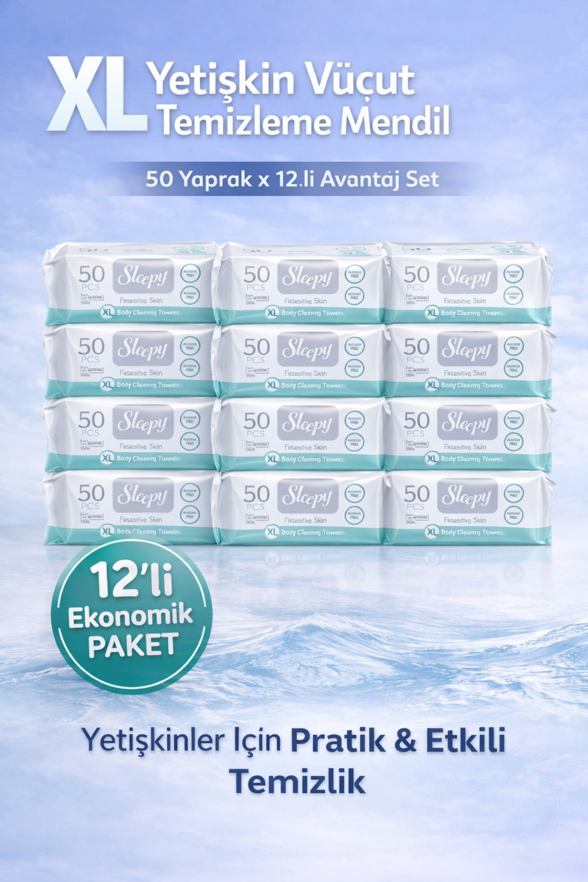Hasta Vücut Temizleme Islak Mendil Havlu 50 Yaprak XL 12 Li Set ( NODEKAM KADIN PARFÜM HEDİYELİ )