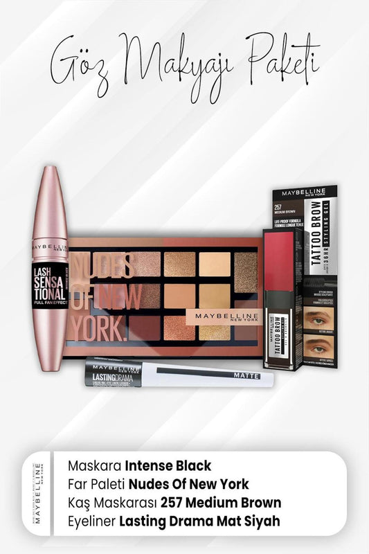 Drama Eyeliner Mat Siyah, Tatto Kaş Makarası 257, Far Paleti 010 ve Full Fan Mas