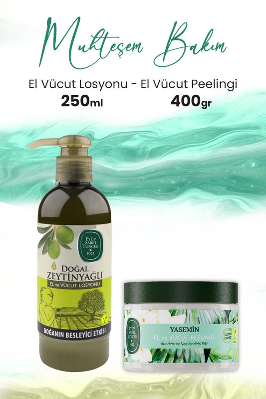 Vücut Peeling Yasemin 400 gr ve Doğal Zeytinyağlı El Ve Vücut Losyonu 250 ml