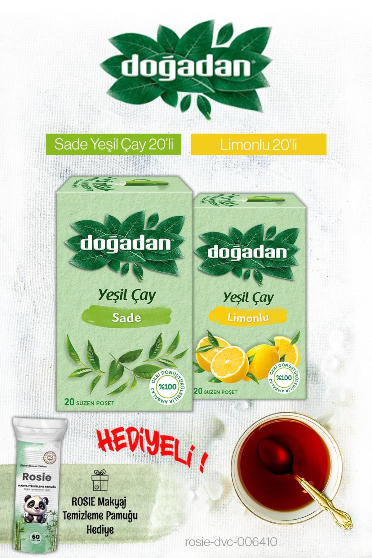 Yeşil Çay Sade ve Limonlu Poşet Çay ve Rosie Hediyeli