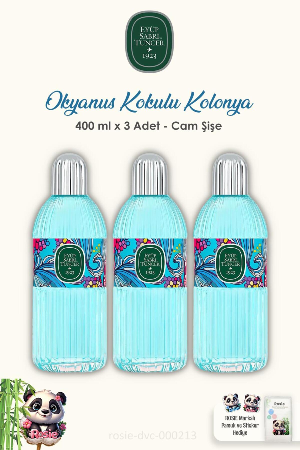 3 Adet Eyüp Sabri Tuncer Okyanus Kolonyası Cam Şişe 400 ml ve 60'lı ROSIE Pamuk