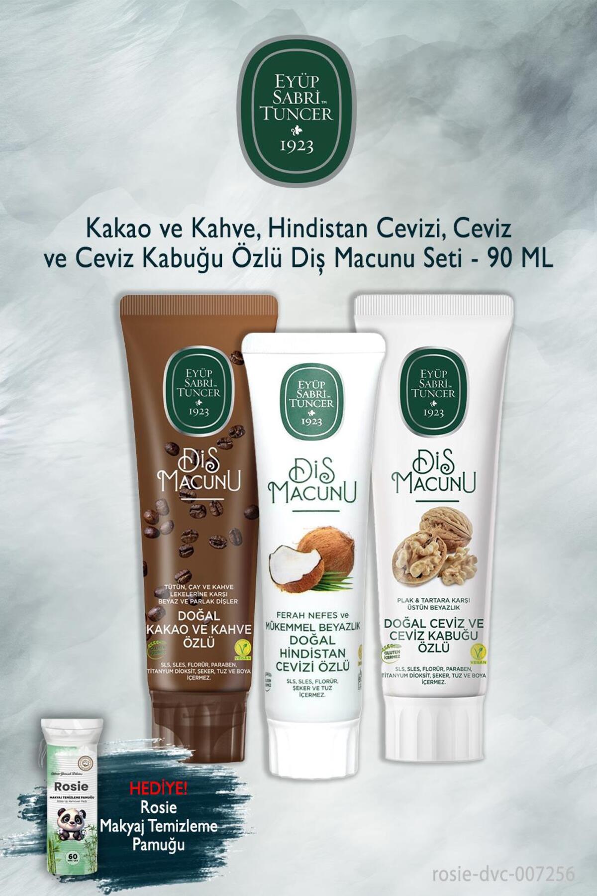 3 Adet 90 ml Kakao, Hindistan Cevizi, Ceviz Diş Macunu, Rosie