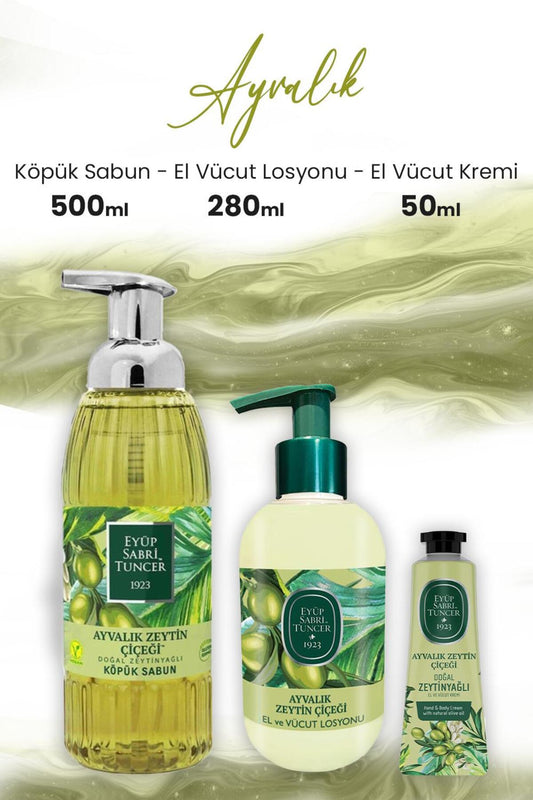 Ayvalık Zeytin Vücut Losyonu 280 ml, Köpük Sabun 500 ml ve Krem 50 ml
