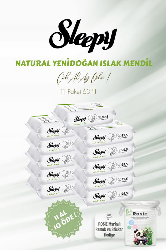 Natural Yenidoğan Islak Bebek Havlusu 60'lı 11 Al 10 Öde Ve Rosie Bebe Pamuğu