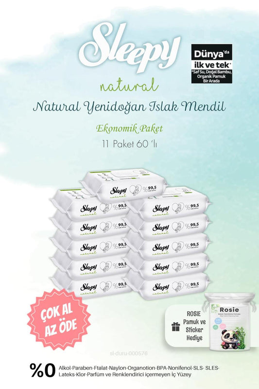 11 Paket Natural Yenidoğan Islak Havlu 60'lı Ve Rosie Pamuk Hediye