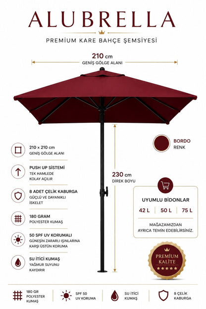 ALUBRELLA Premium 210 x 210 cm Kare Bahçe Şemsiyesi, 180 gr Polyester, 50 SPF UV Korumalı, 8 Çelik Kaburga, Bidonsuz
