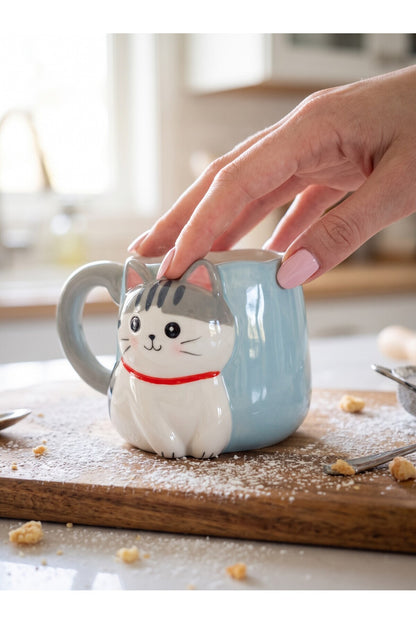 Kuyruk Detaylı Kulp, Açık Mavi 3D Kedi Figürlü Kupa 405 ml