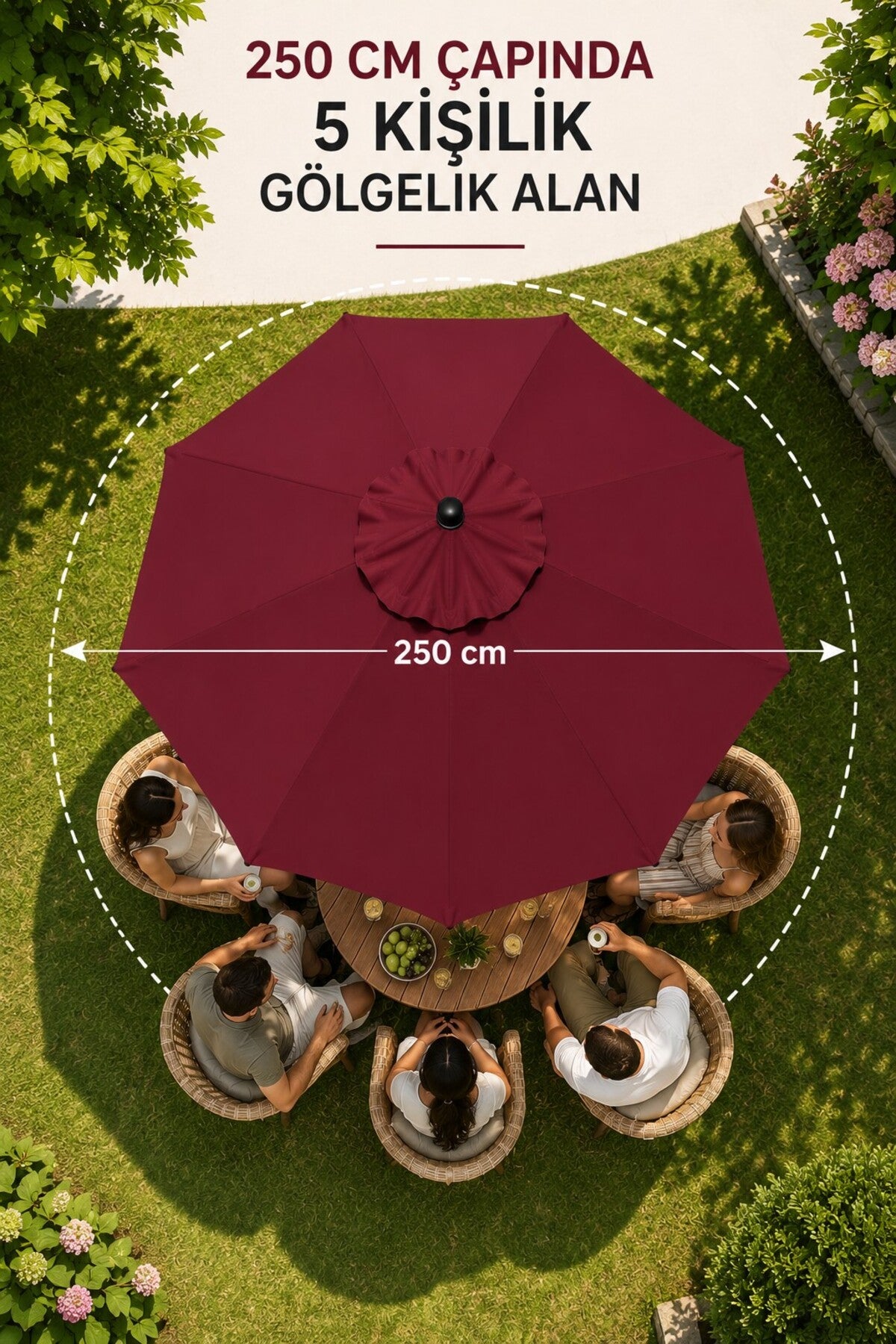 Alubrella Yuvarlak Bahçe, Güneş Şemsiyesi Bordo 250 cm çap/8 çelik tel BİDONSUZ