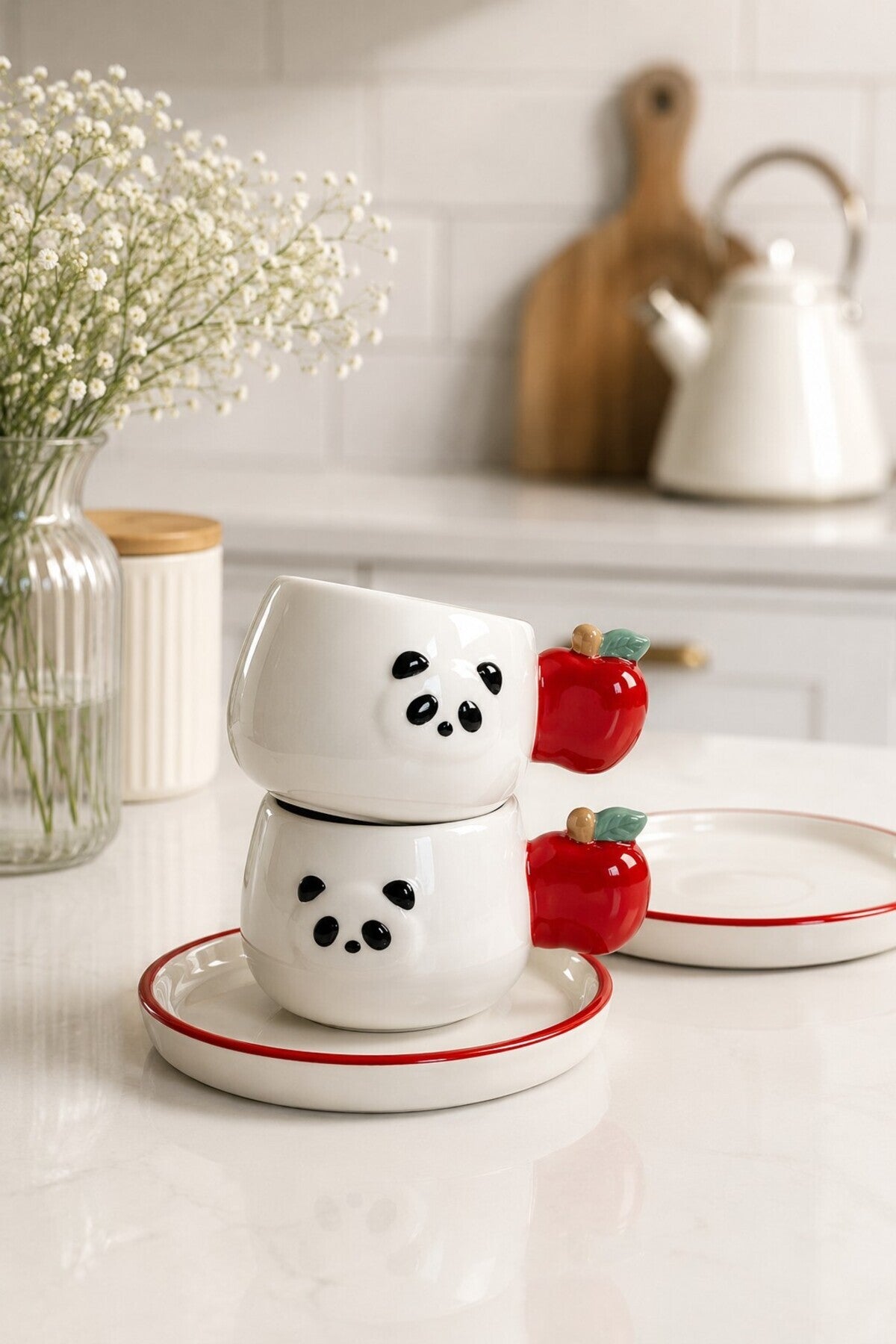 Panda Desenli Kiraz Kulplu 2'li Kahve Fincanı 140 ml