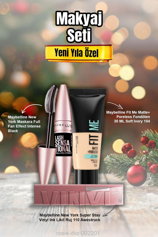 Maybelline Fit Me Fondöten 104 ,Maskara Full Fan Effect, Vinyl Ink Likit Ruj 110
