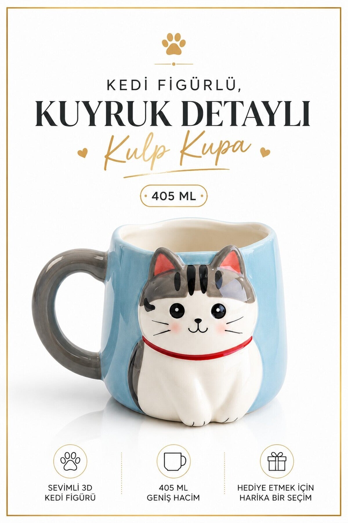 Kuyruk Detaylı Kulp, Açık Mavi 3D Kedi Figürlü Kupa 405 ml