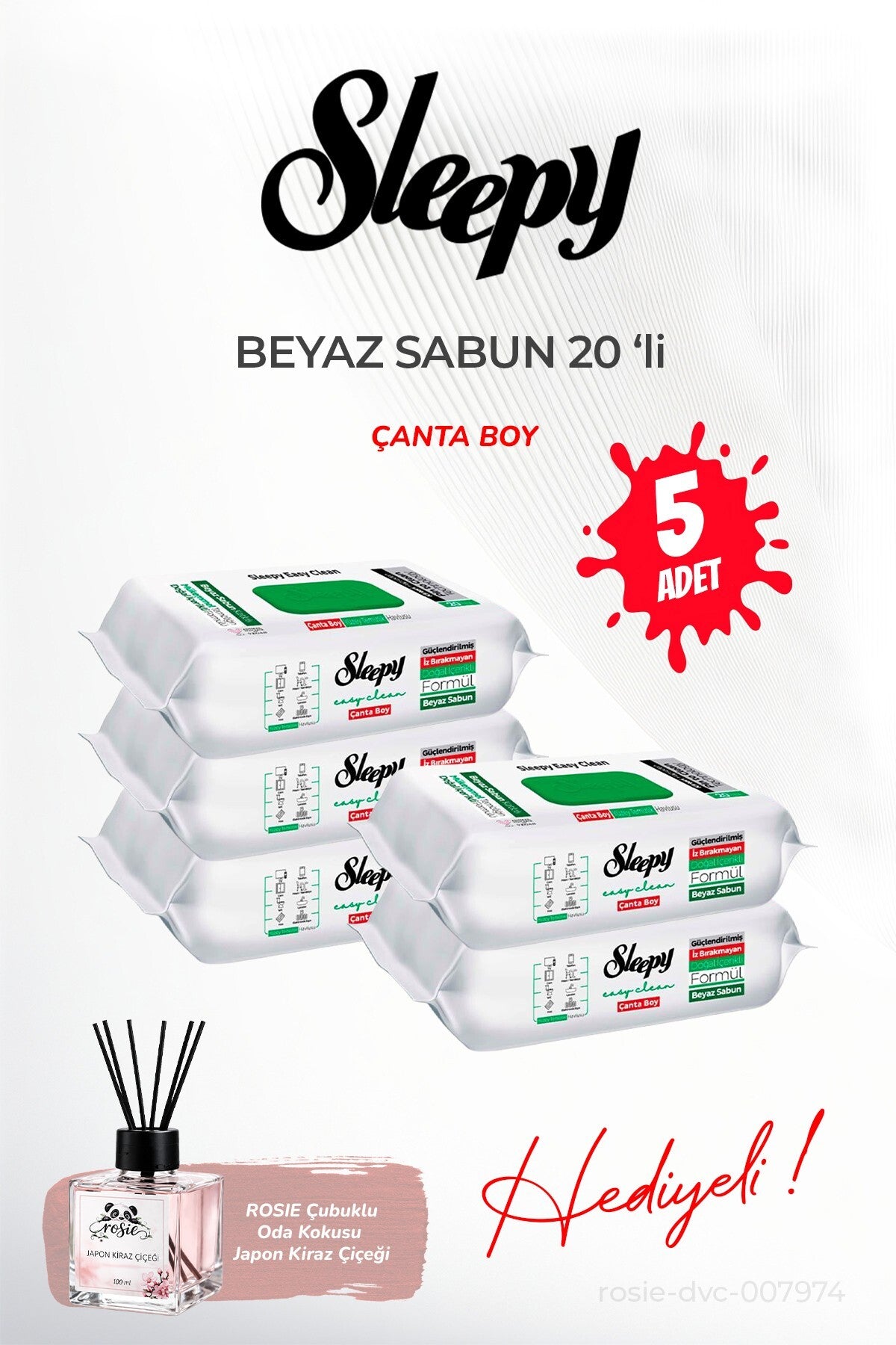Beyaz Sabun Çanta Boy (5 paket x 20 yaprak) ve ROSIE oda kokusu