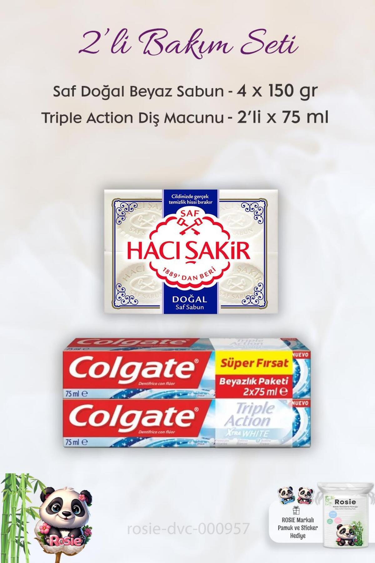 Triple Action Extra White Diş Macunu 2 x 75 ml, H. Şakir Saf Doğal Sabun 4 x 150 gr ve ROSI