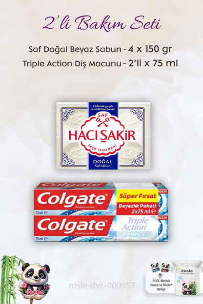 Triple Action Extra White Diş Macunu 2 x 75 ml, H. Şakir Saf Doğal Sabun 4 x 150 gr ve ROSI