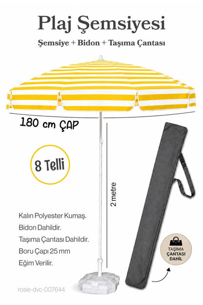 180 Çap / 8 Telli Sarı Beyaz Plaj Şemsiyesi + Bidon + Taşıma Çantası Dahil