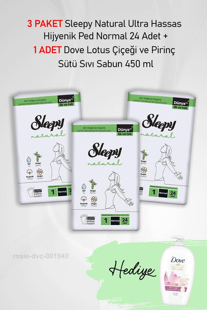 Natural Hijyenik Ped Normal 24 Adet X3 ve Hediye Dove Sıvı Sabun 450 ml