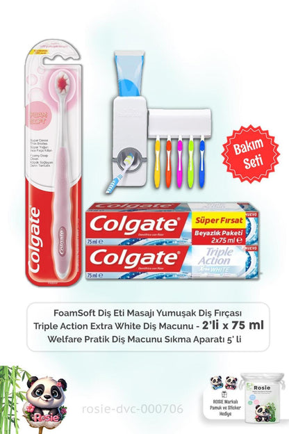 Triple Action Extra White Diş Macunu 2 x 75 ml, FoamSoft Diş Fırçası, Diş Macunu Aparatı ve