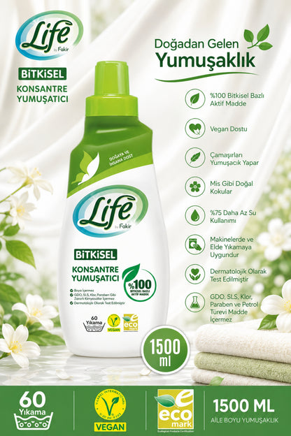 Bitkisel Bazlı Vegan Konsantre Çamaşır Yumuşatıcısı 1500 ml - %100 Doğal Temizlik
