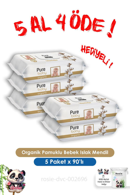 Organik Pamuklu Bebek Islak Havlu 90'lı 5 Al 4 Öde