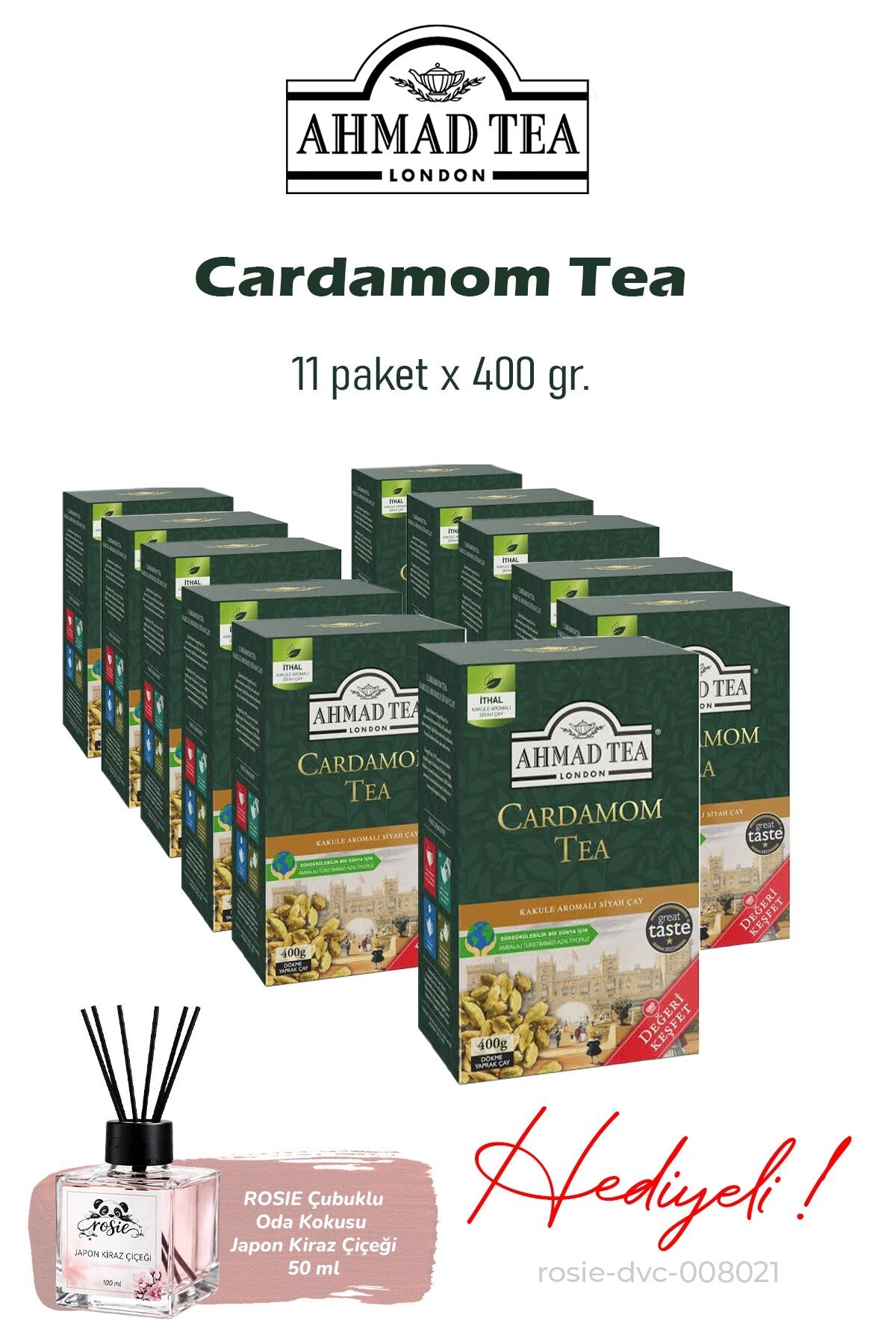 11 Paket Cardamom Dökme Çay 400 gr. ve ROSIE koku