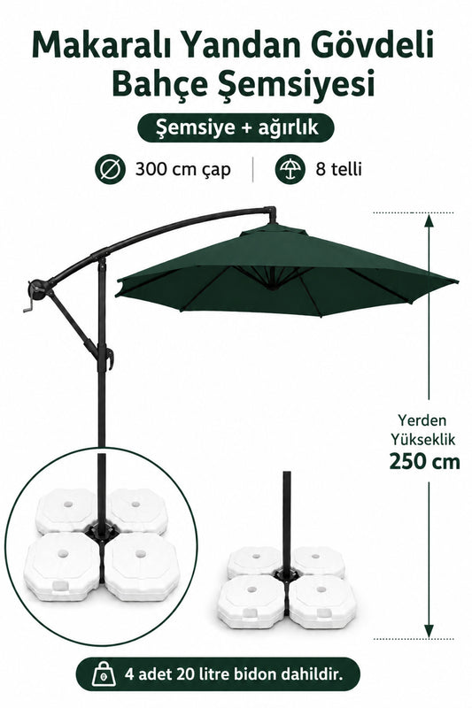 Koyu Yeşil Makaralı Bahçe Şemsiyesi 300 cm Çap / 8 Telli + 4'lü 20 lt Sabitleyici Bidon DAHİLDİR