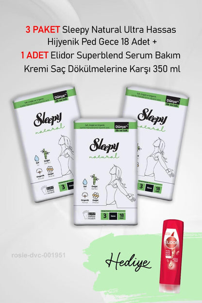Natural Hijyenik Ped Gece 18 Adet X 3 ve Hediye Elidor Keratin Terapisi 350 ml