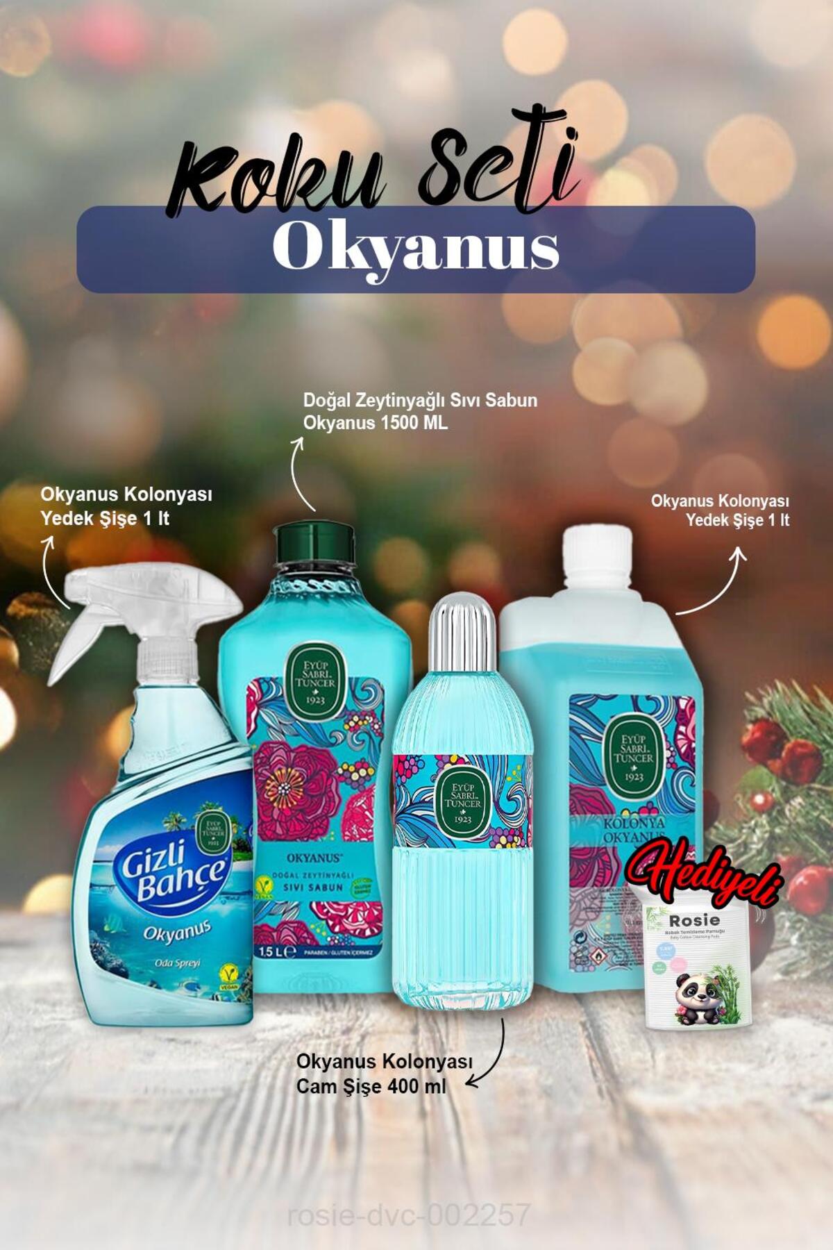 Oda kokusu 500ml,Kolonya 1lt ve 400ml, Sıvı Sabun 1500ml Okyanus ve Rosie Pamuk