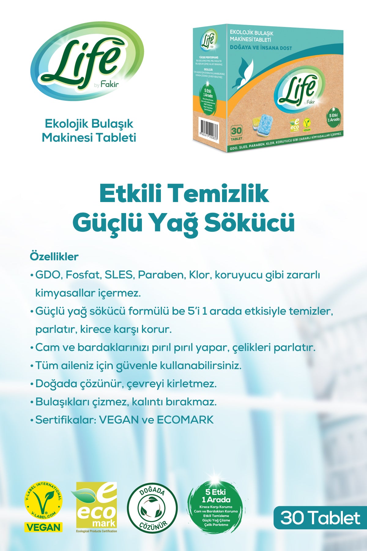 Ekolojik Vegan Bulaşık Makinesi Tableti 30 Lu X 3 Adet, Yağ Sökücü, %100 Doğal Temizlik