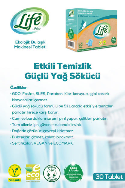 Ekolojik Vegan Bulaşık Makinesi Tableti 30 Lu X 3 Adet, Yağ Sökücü, %100 Doğal Temizlik