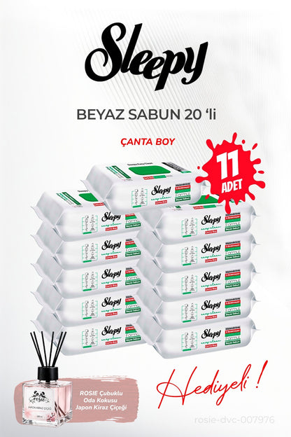 (11 paket x 20 yaprak) Beyaz Sabun Çanta Boy ve ROSIE oda kokusu
