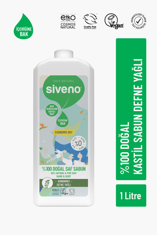 %100 Doğal Sıvı Kastil Sabun Defne Yağlı Yoğun Nemlendirici Arındırıcı Bitkisel Vegan 1000 ml