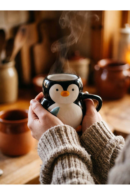 Penguen Figürlü El Yapımı Seramik Kupa, Mug, 420 ml