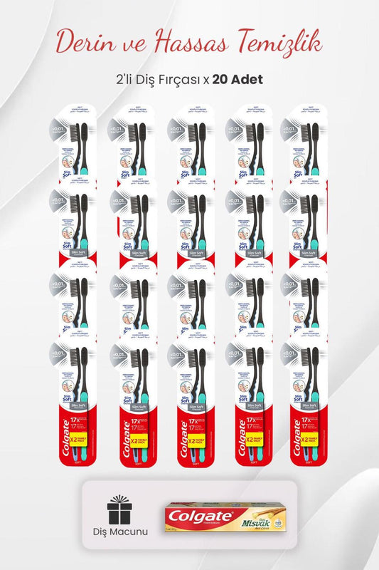 Slim Soft Charcoal 2'li Diş Fırçası x 20 Adet ve Misvak Özlü Diş Macunu