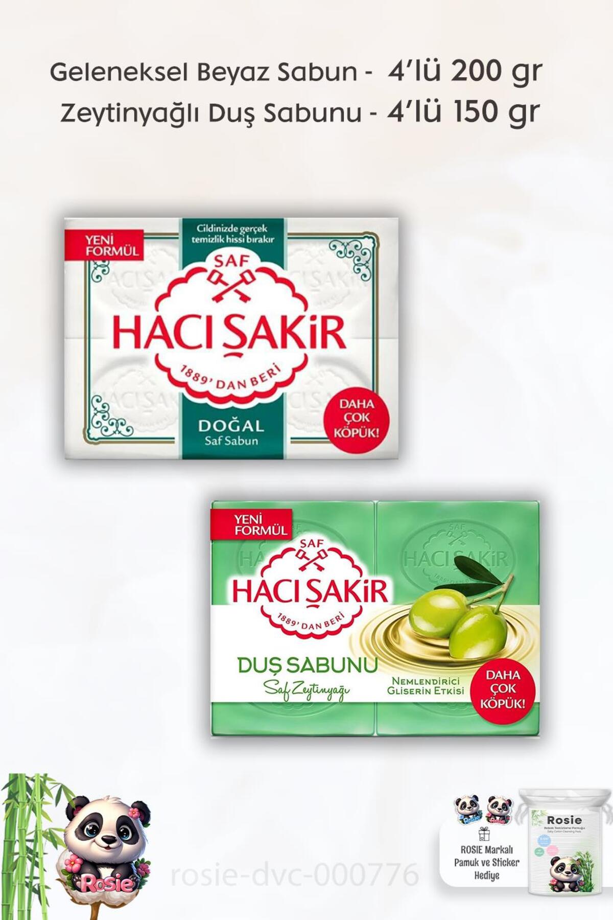Doğal Saf Geleneksel Beyaz Sabun 4 x 200 gr, Zeytinyağlı Duş Sabunu 4 x 125 ml ve ROSIE