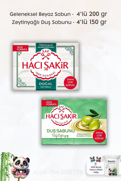 Doğal Saf Geleneksel Beyaz Sabun 4 x 200 gr, Zeytinyağlı Duş Sabunu 4 x 125 ml ve ROSIE