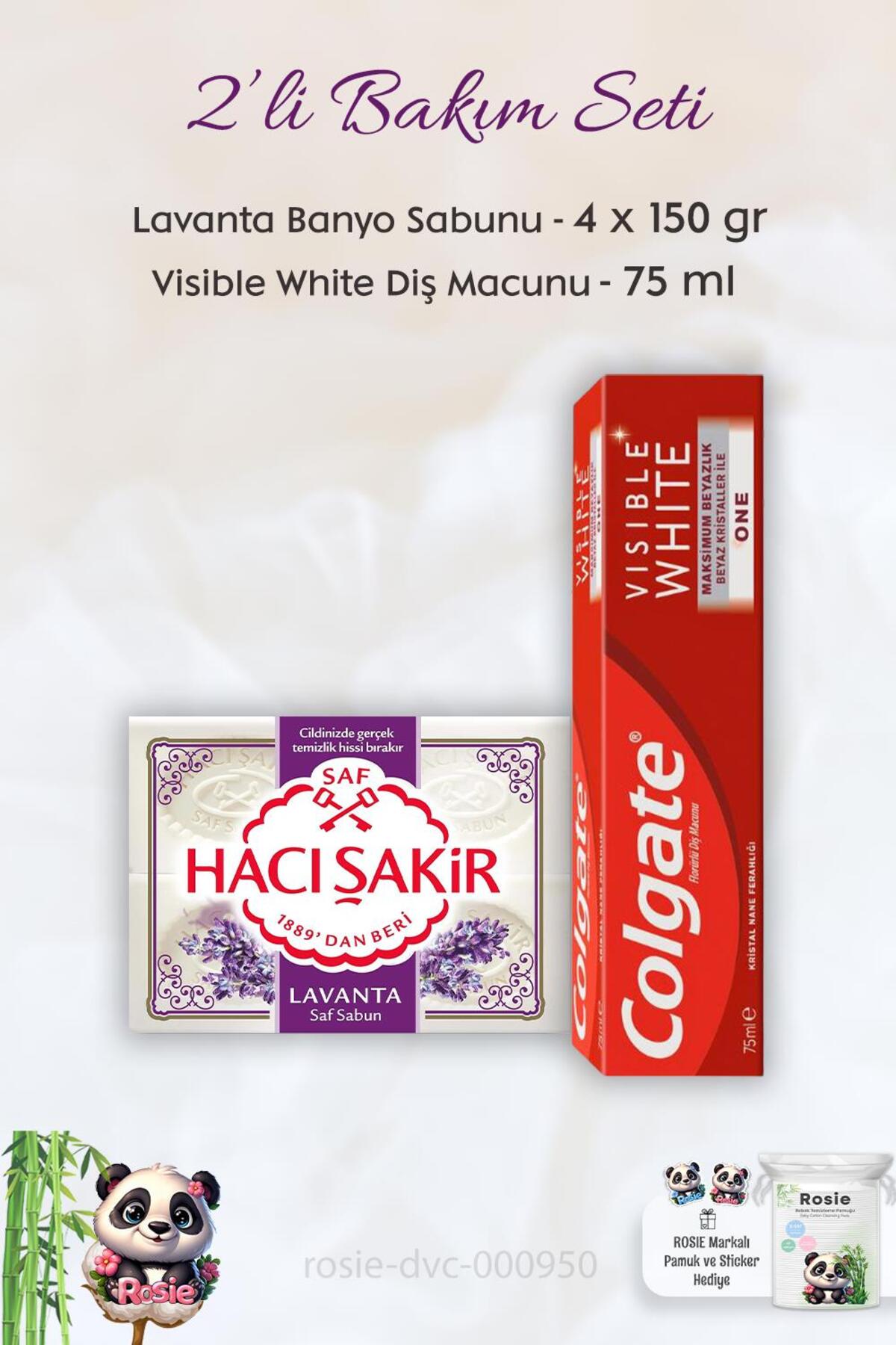 Visible White Diş Macunu 75 ml, H. Şakir Lavanta Kokulu Banyo Sabunu 4 x 150 gr ve ROSIE
