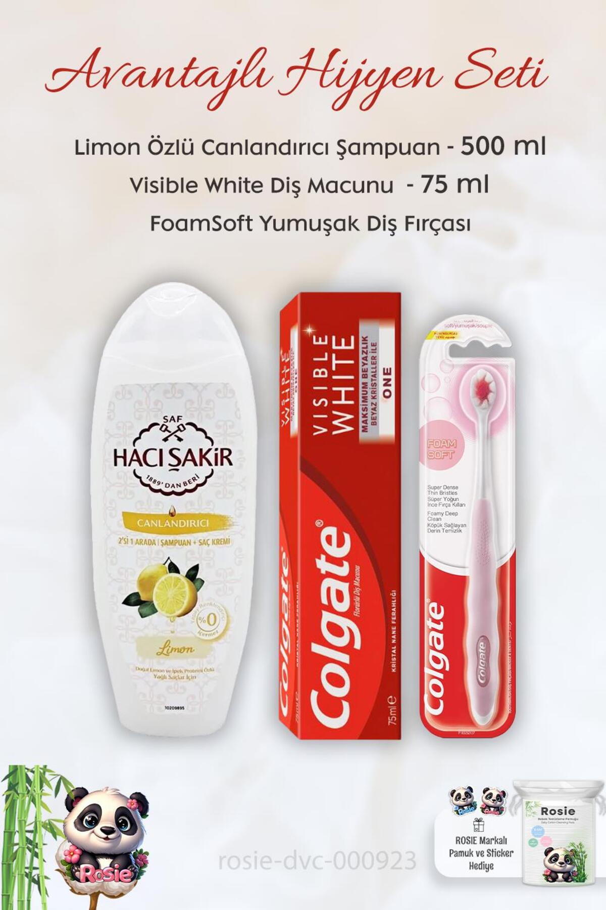 Visible White Diş Macunu 75 ml, FoamSoft Diş Fırçası, H.Şakir Limonlu Şampuan 500 ml