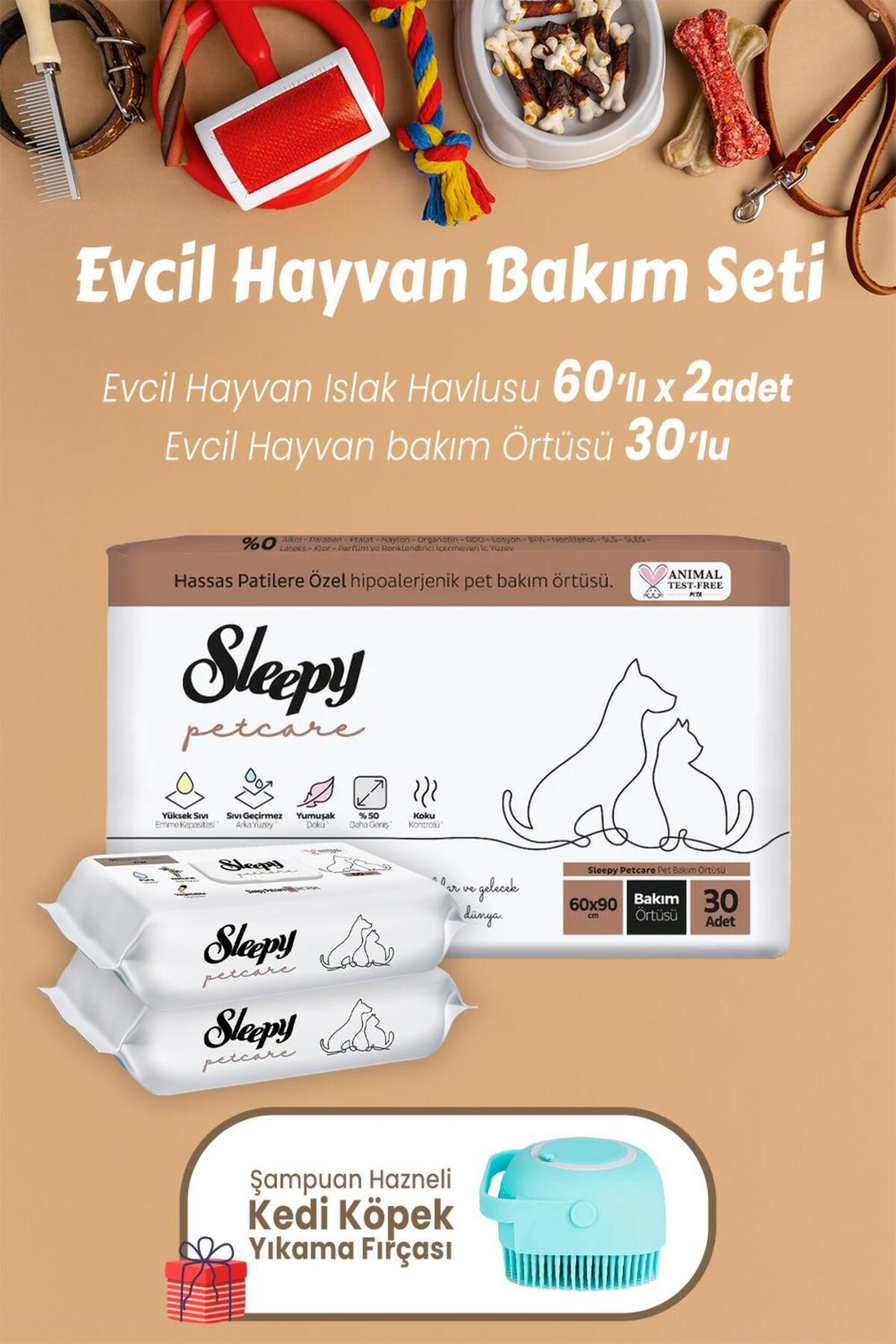 Petcare Evcil Hayvan Islak Havlusu 60'lı x 2 Adet, Bakım Örtüsü 30' lu ve Kedi Köpek Yıkama F