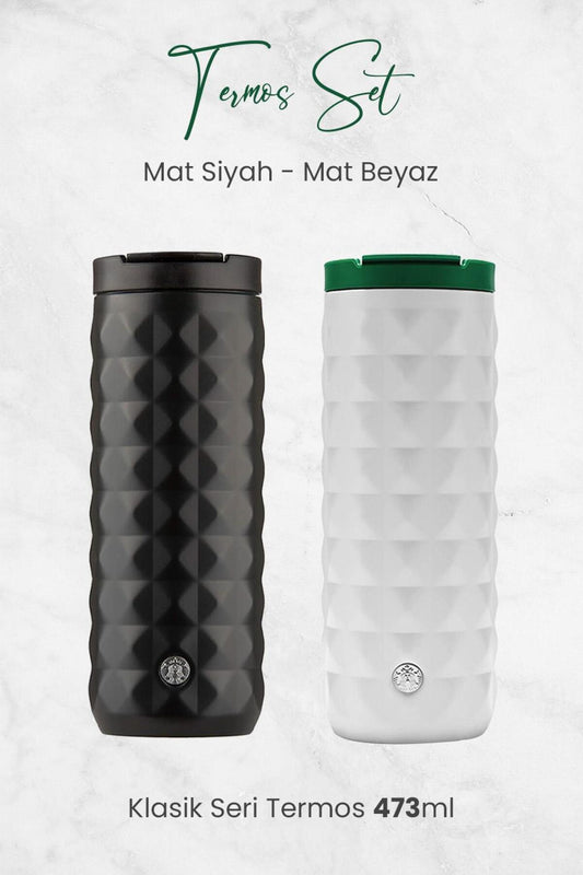 Mat Beyaz ve Siyah Klasik Seri Termos Seti