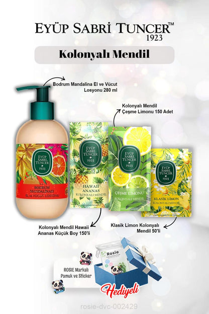 150'li Ananas, Limon 50'li ve 150'li Kolonyalı Mendil, Bodrum Mandalina Losyon 280 ml ve Rosie
