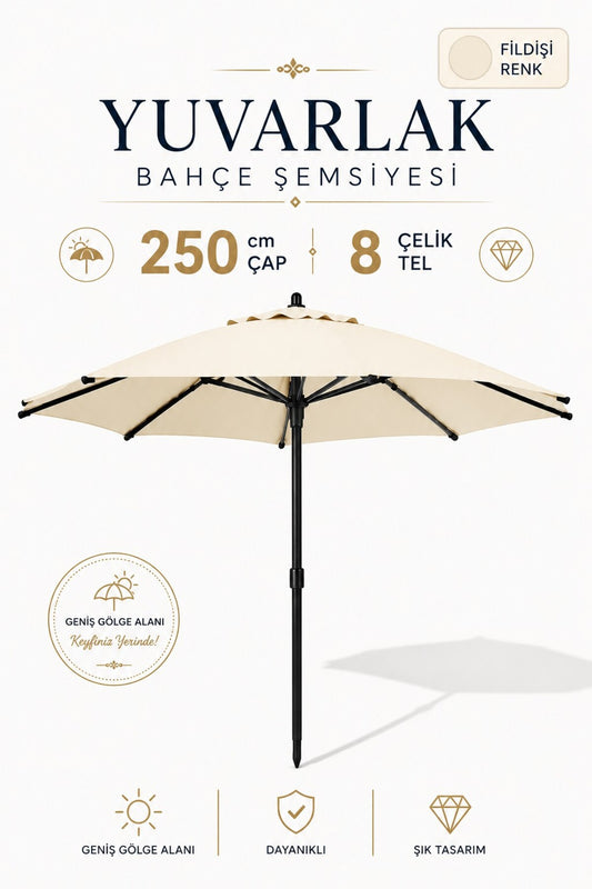 Alubrella Fildişi Renk Yuvarlak 250 cm çap/8 çelik tel Bahçe,Güneş Şemsiyesi BİDONSUZ