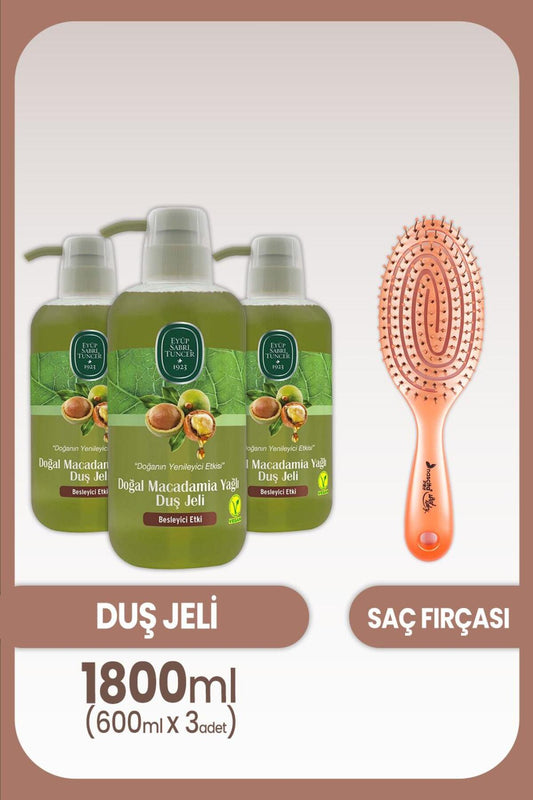 Macadamia Yağlı Duş Jeli 600 ml x 3 Adet ve Saç Fırçası